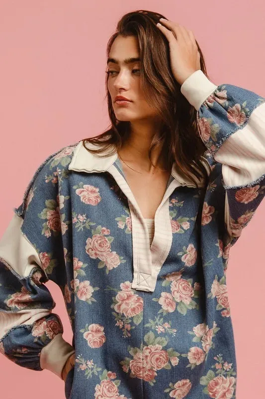 BiBi Washed Floral Denim Romper With Contrast Collar sold by The Barefoot Brunette Boutique