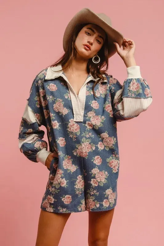 BiBi Washed Floral Denim Romper With Contrast Collar sold by The Barefoot Brunette Boutique product image thumbnail 2