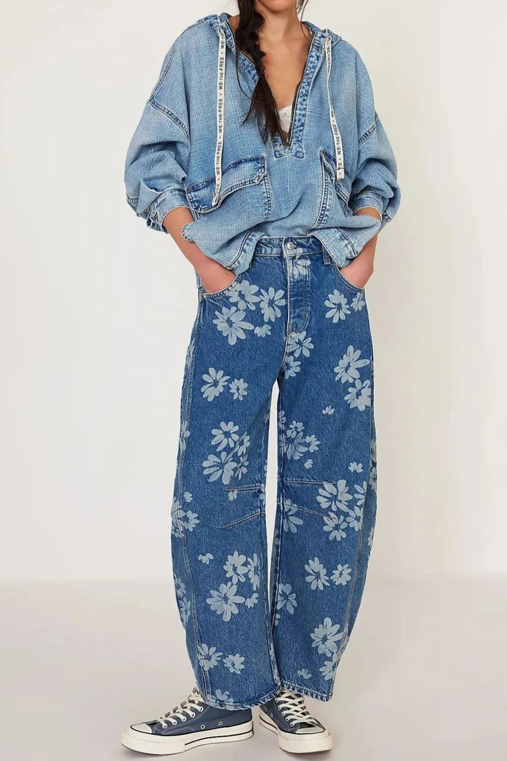Flower Print Wide Leg Jeans sold by The Barefoot Brunette Boutique product image thumbnail 2