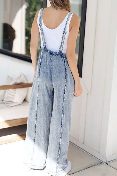 Frayed Exposed Seam Wide Leg Denim Overalls sold by The Barefoot Brunette Boutique product image thumbnail 2