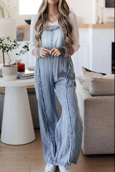 Frayed Exposed Seam Wide Leg Denim Overalls sold by The Barefoot Brunette Boutique product image thumbnail 4