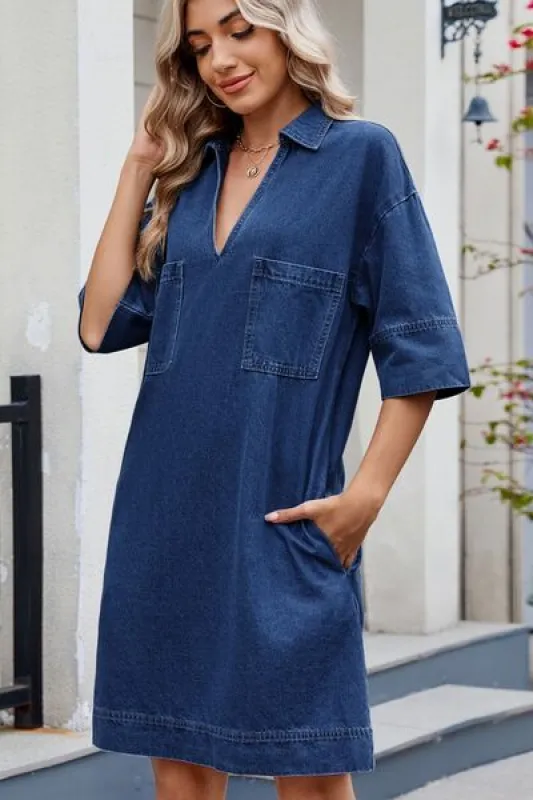 Johnny Collar Half Sleeve Denim Dress sold by The Barefoot Brunette Boutique