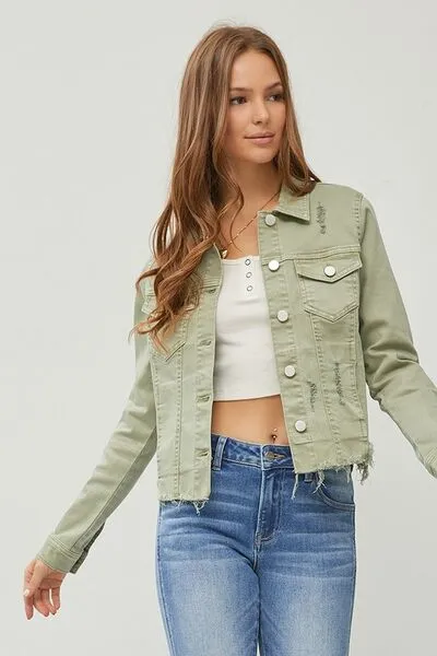 RISEN Full Size Raw Hem Button Up Cropped Denim Jacket Plus Size sold by The Barefoot Brunette Boutique