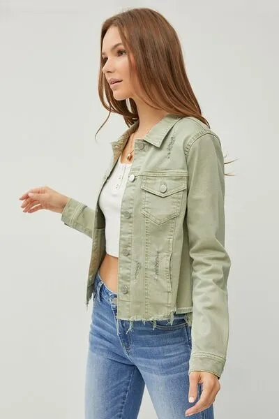 RISEN Full Size Raw Hem Button Up Cropped Denim Jacket Plus Size sold by The Barefoot Brunette Boutique product image thumbnail 4