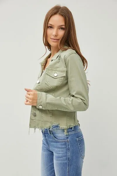 RISEN Full Size Raw Hem Button Up Cropped Denim Jacket Plus Size sold by The Barefoot Brunette Boutique product image thumbnail 5