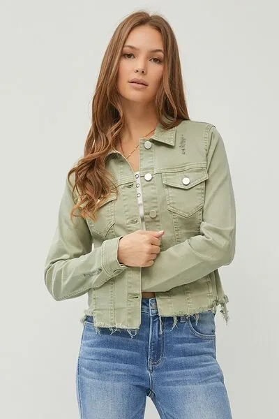 RISEN Full Size Raw Hem Button Up Cropped Denim Jacket Plus Size sold by The Barefoot Brunette Boutique product image thumbnail 2