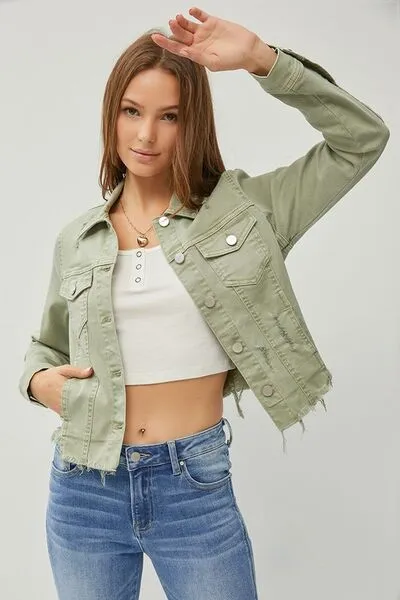 RISEN Full Size Raw Hem Button Up Cropped Denim Jacket Plus Size sold by The Barefoot Brunette Boutique product image thumbnail 3
