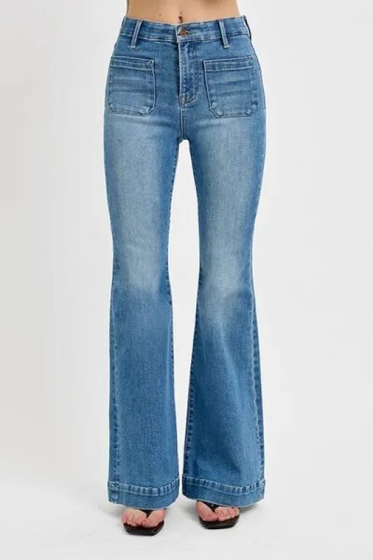 RISEN Full Size Front Patch Pocket Flare Jeans Plus Size sold by The Barefoot Brunette Boutique