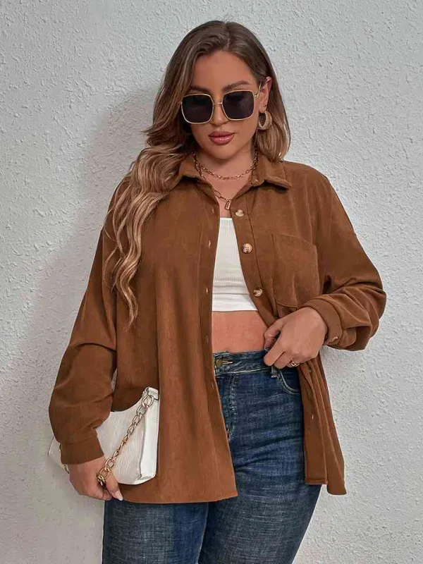 Honey Plus Size Collared Neck Long Sleeve Shirt sold by The Barefoot Brunette Boutique