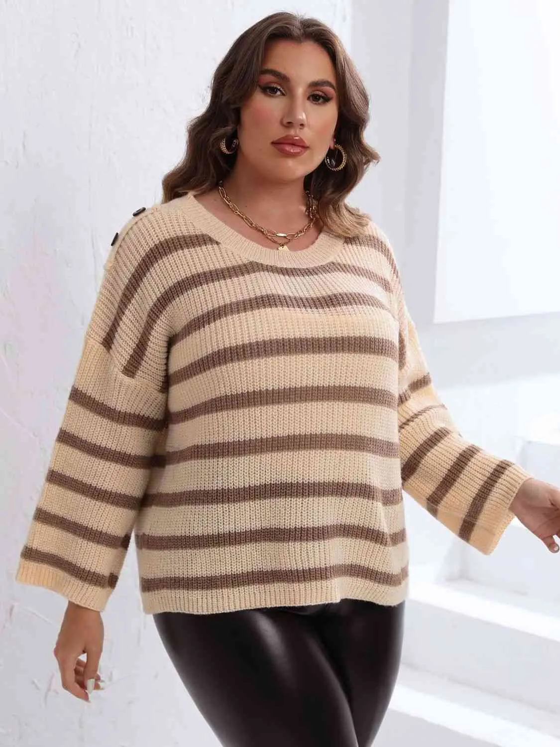 Plus Size Striped Dropped Shoulder Sweater sold by The Barefoot Brunette Boutique product image thumbnail 4