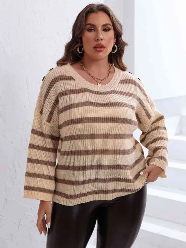 Plus Size Striped Dropped Shoulder Sweater sold by The Barefoot Brunette Boutique