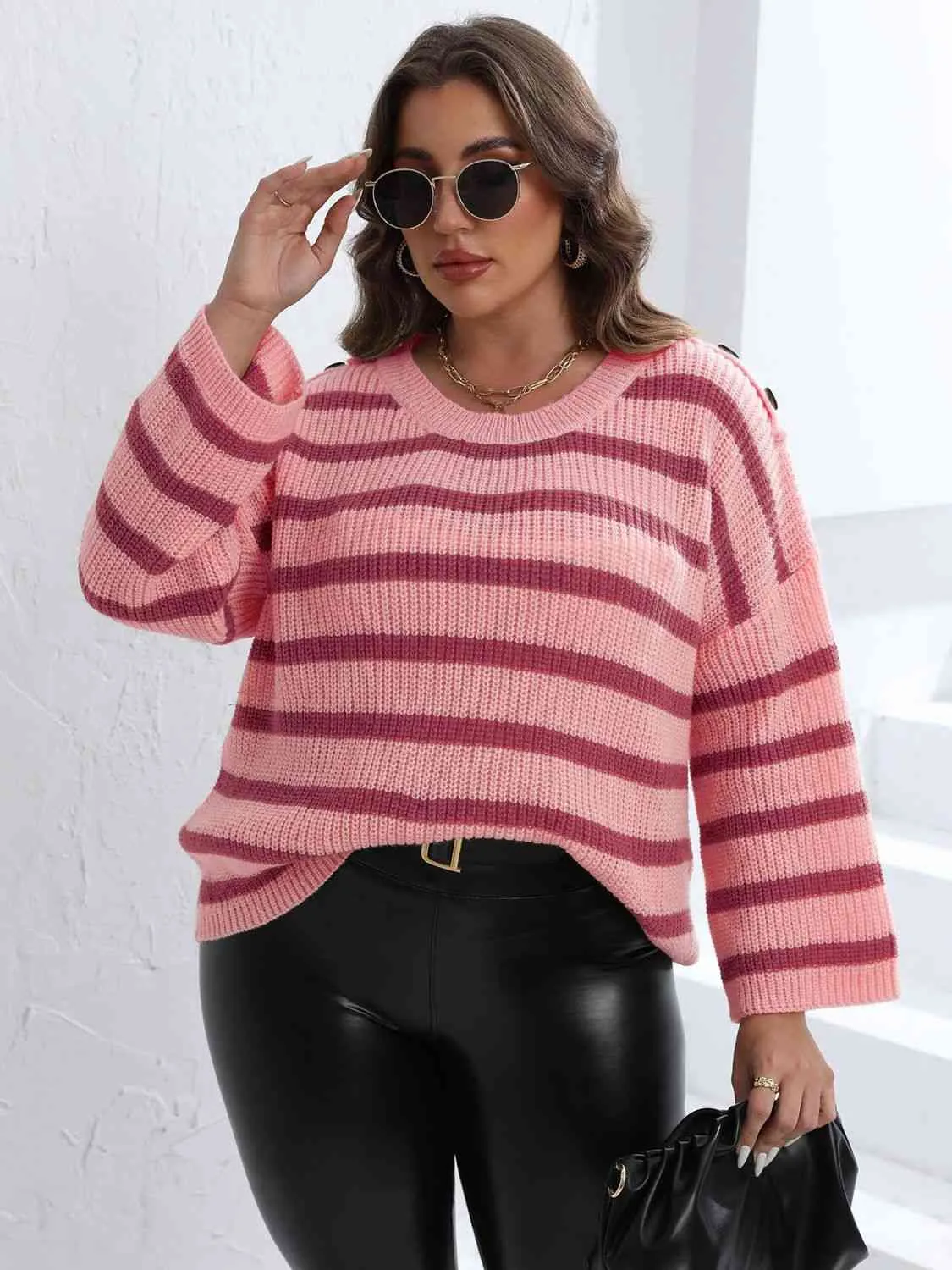 Plus Size Striped Dropped Shoulder Sweater sold by The Barefoot Brunette Boutique product image thumbnail 5