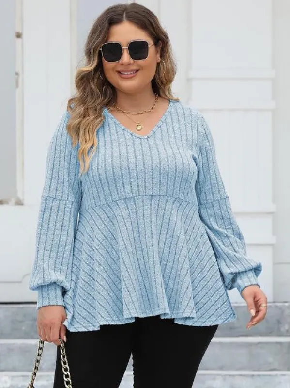 Plus Size Ribbed V-Neck Long Sleeve Blouse sold by The Barefoot Brunette Boutique