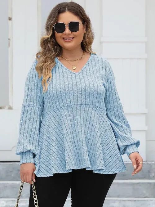 Plus Size Ribbed V-Neck Long Sleeve Blouse sold by The Barefoot Brunette Boutique