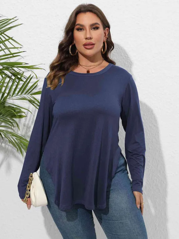 Plus Size Round Neck Long Sleeve Slit T-Shirt made by The Barefoot Brunette Boutique