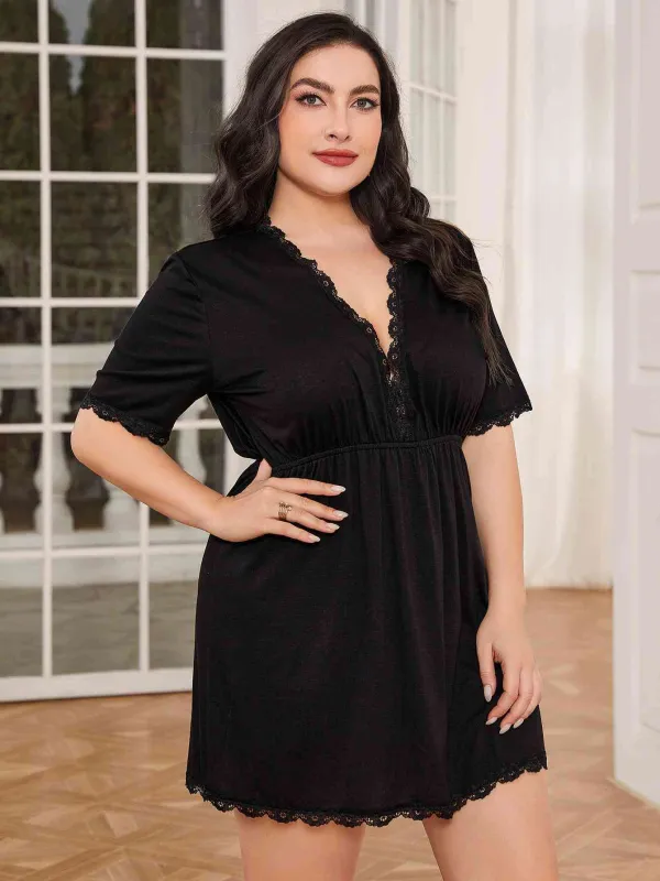 Plus Size Lace Trim Deep V Night Dress sold by The Barefoot Brunette Boutique