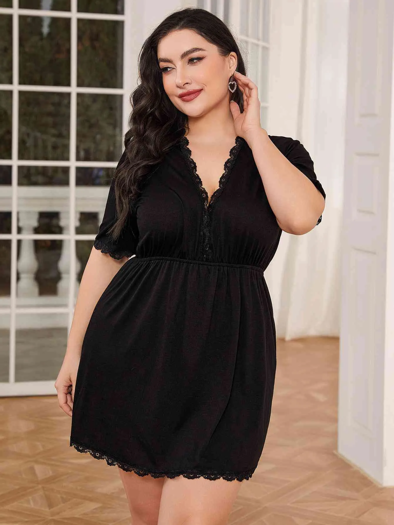 Plus Size Lace Trim Deep V Night Dress sold by The Barefoot Brunette Boutique product image thumbnail 5