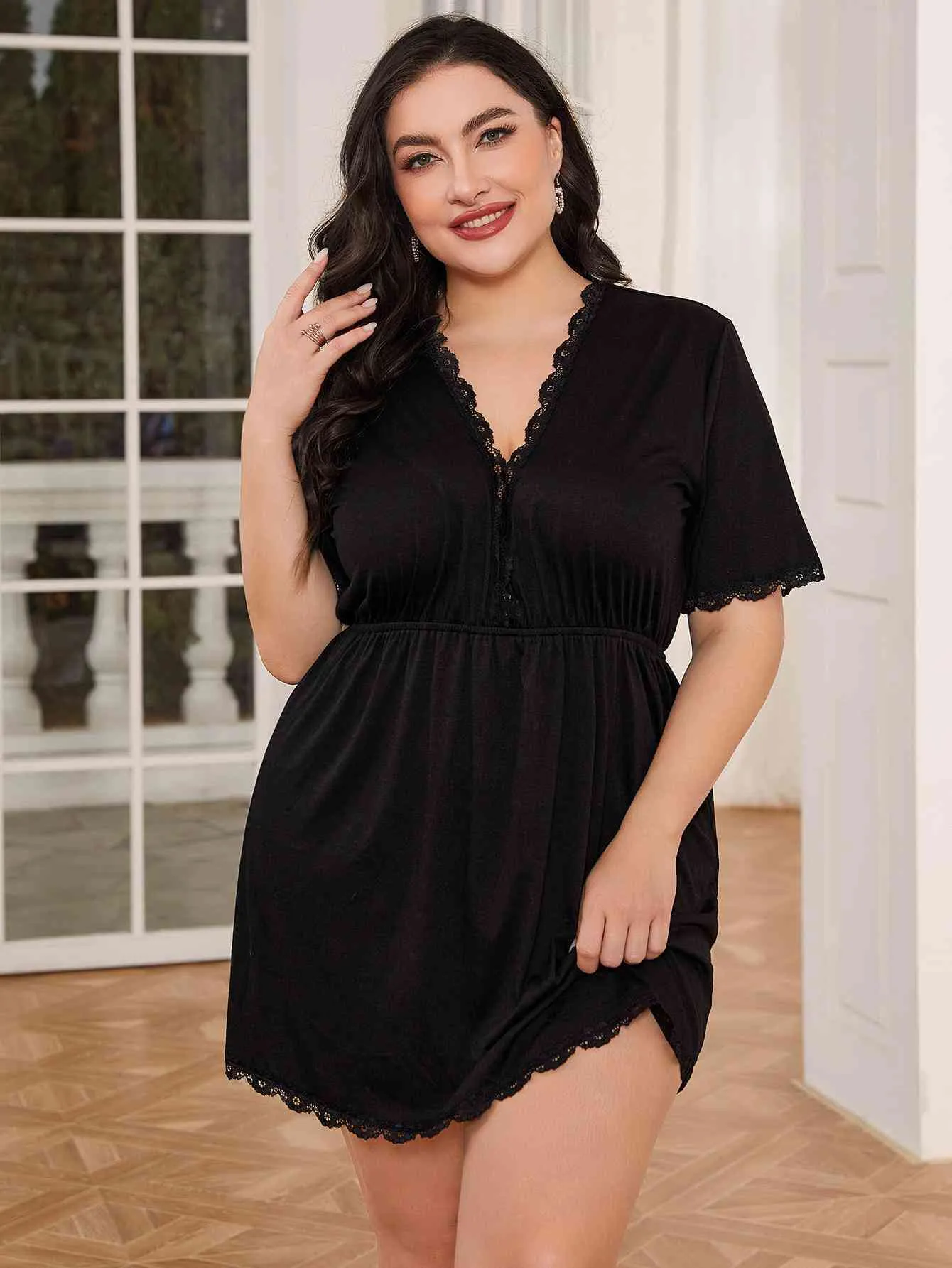 Plus Size Lace Trim Deep V Night Dress sold by The Barefoot Brunette Boutique product image thumbnail 3