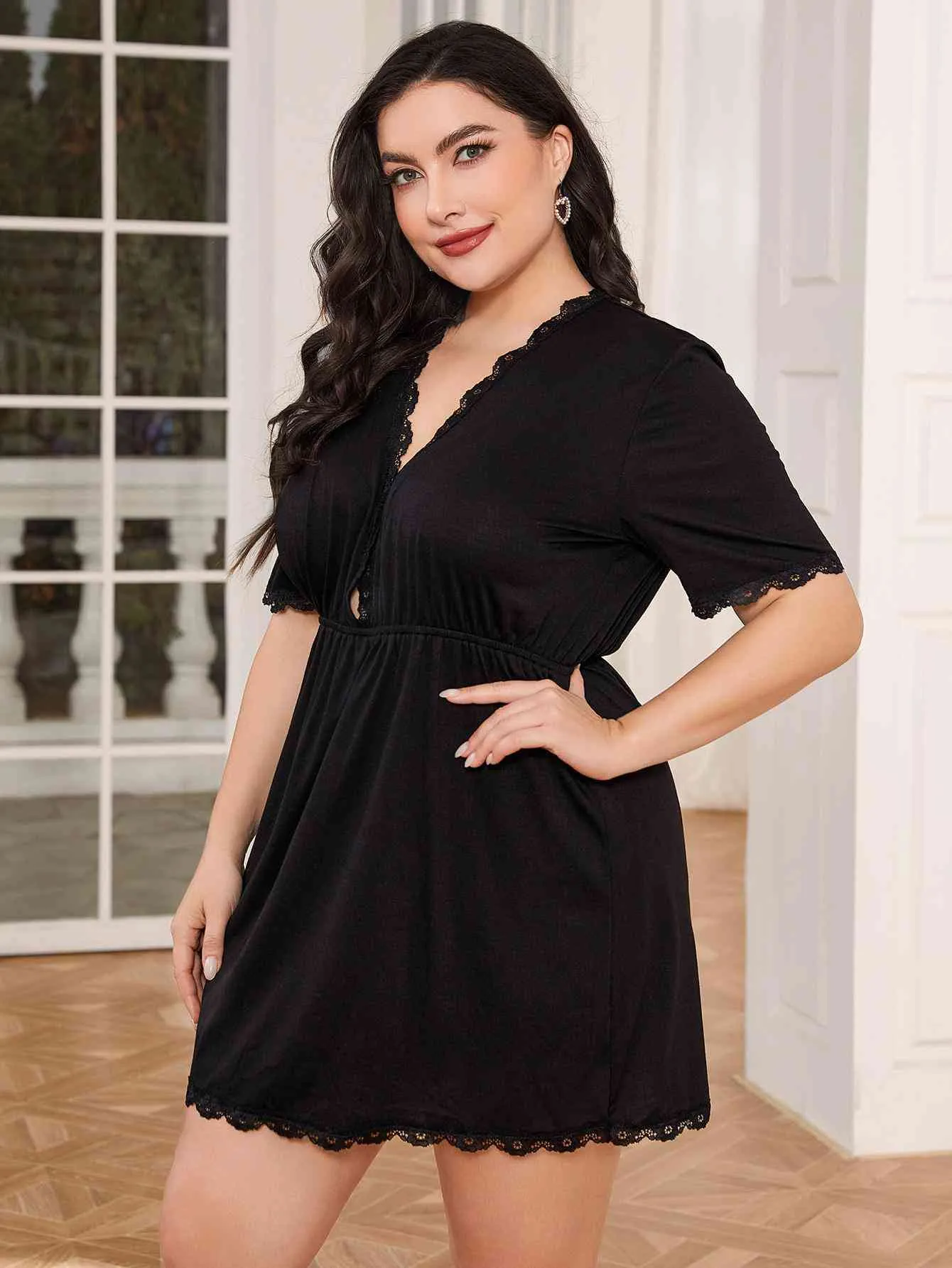 Plus Size Lace Trim Deep V Night Dress sold by The Barefoot Brunette Boutique product image thumbnail 4