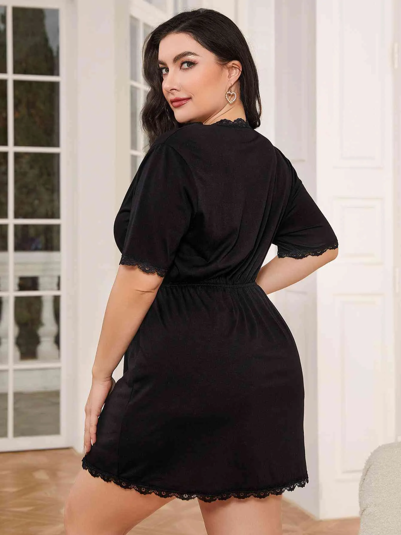 Plus Size Lace Trim Deep V Night Dress sold by The Barefoot Brunette Boutique product image thumbnail 2