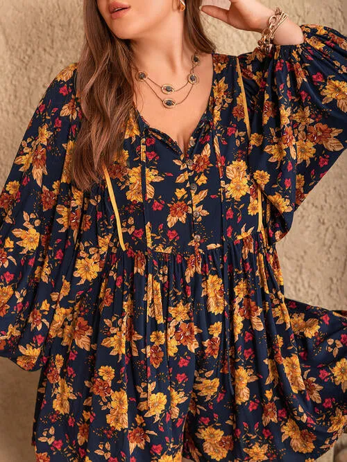 Plus Size Floral Tie Neck Balloon Sleeve Romper sold by The Barefoot Brunette Boutique product image thumbnail 5