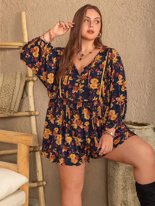 Plus Size Floral Tie Neck Balloon Sleeve Romper sold by The Barefoot Brunette Boutique product image thumbnail 4
