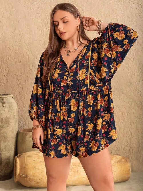 Plus Size Floral Tie Neck Balloon Sleeve Romper sold by The Barefoot Brunette Boutique product image thumbnail 2