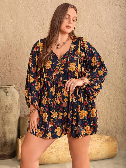 Plus Size Floral Tie Neck Balloon Sleeve Romper sold by The Barefoot Brunette Boutique product image thumbnail 3