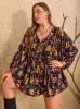 Plus Size Floral Tie Neck Balloon Sleeve Romper sold by The Barefoot Brunette Boutique