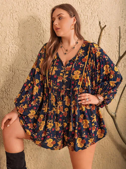Plus Size Floral Tie Neck Balloon Sleeve Romper sold by The Barefoot Brunette Boutique
