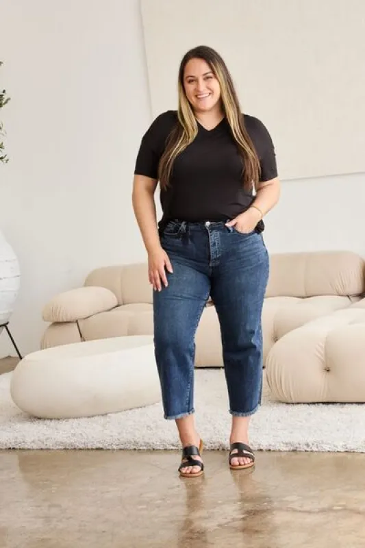 RFM Full Size Tummy Control High Waist Raw Hem Jeans sold by The Barefoot Brunette Boutique