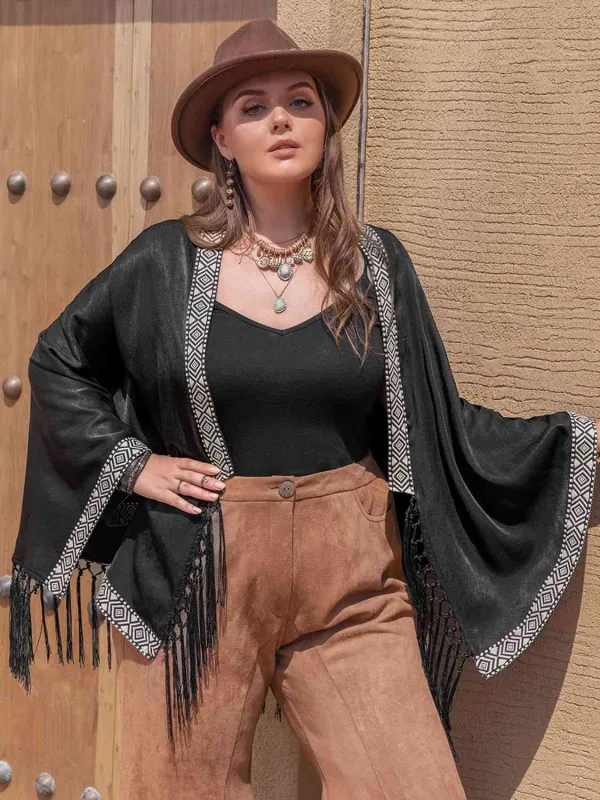 Plus Size Geometric Open Front Fringe Hem Cardigan sold by The Barefoot Brunette Boutique