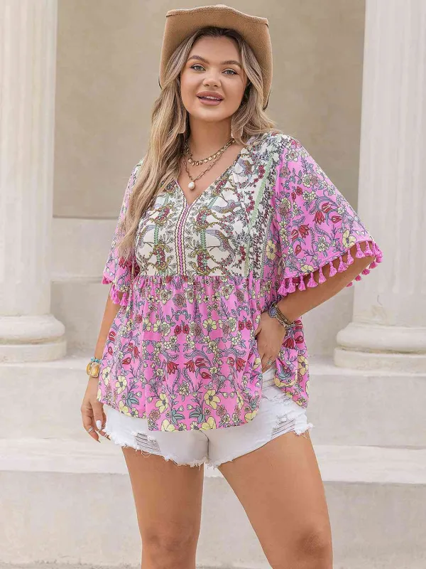 Plus Size Printed V-Neck Half Sleeve Blouse sold by The Barefoot Brunette Boutique