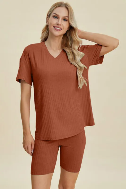 Basic Bae Full Size Ribbed V-Neck Short Sleeve Top and Shorts Set sold by The Barefoot Brunette Boutique