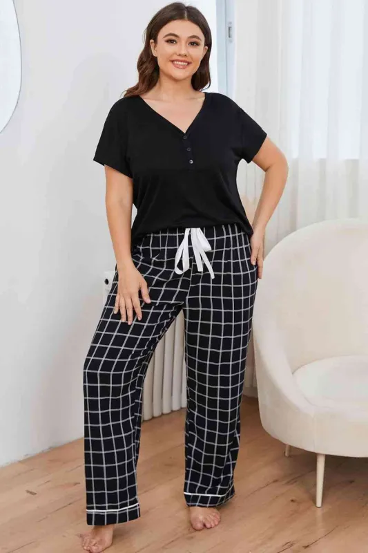 Plus Size V-Neck Top and Plaid Pants Lounge Set sold by The Barefoot Brunette Boutique