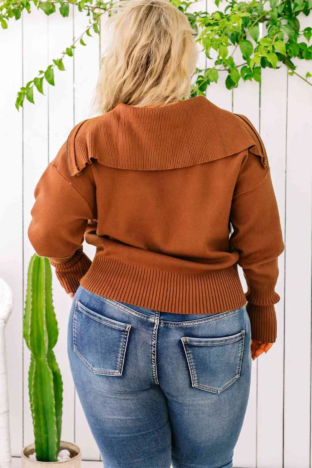Plus Size Collared Neck Zip-Up Long Sleeve Sweater sold by The Barefoot Brunette Boutique product image thumbnail 2