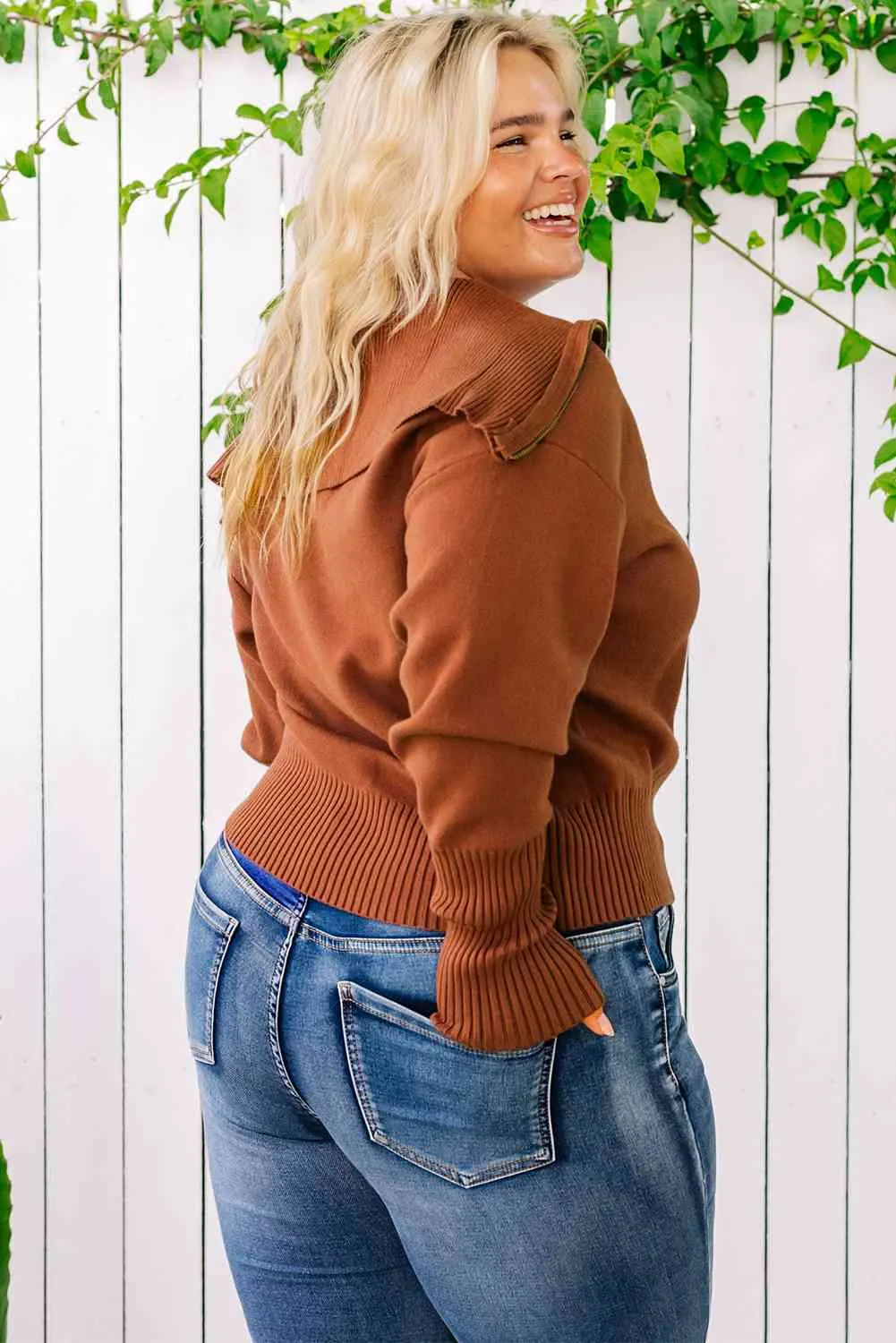 Plus Size Collared Neck Zip-Up Long Sleeve Sweater sold by The Barefoot Brunette Boutique product image thumbnail 3