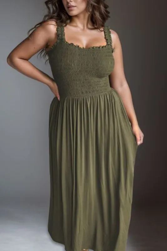 Plus Size Smocked Square Neck Maxi Dress sold by The Barefoot Brunette Boutique