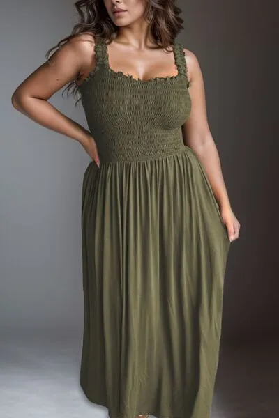 Plus Size Smocked Square Neck Maxi Dress sold by The Barefoot Brunette Boutique