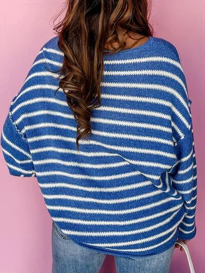 Plus Size Striped Round Neck Dropped Shoulder Sweater sold by The Barefoot Brunette Boutique product image thumbnail 2