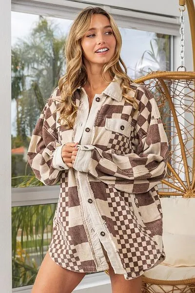 BiBi Checkered Button Down Corduroy Shacket sold by The Barefoot Brunette Boutique product image thumbnail 3