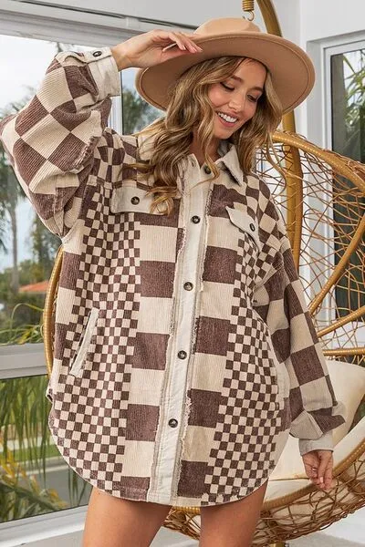 BiBi Checkered Button Down Corduroy Shacket sold by The Barefoot Brunette Boutique