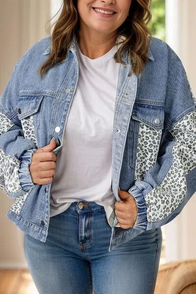 Plus Size Leopard Long Sleeve Denim Jacket sold by The Barefoot Brunette Boutique
