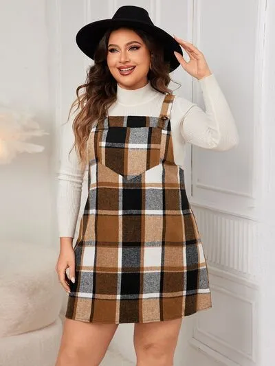 Honey Plus Size Plaid Wide Strap Overall Dress sold by The Barefoot Brunette Boutique