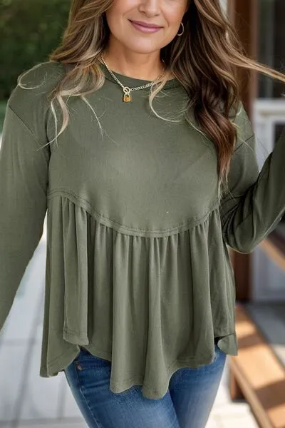 Plus Size Peplum Round Neck Long Sleeve Blouse sold by The Barefoot Brunette Boutique