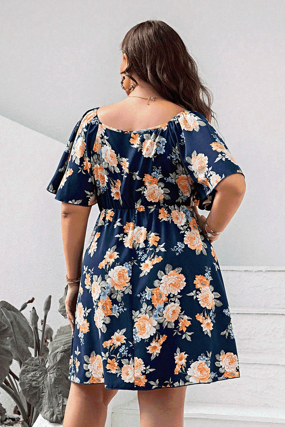 Plus Size Floral Print V-Neck Flutter Sleeve Mini Dress sold by The Barefoot Brunette Boutique product image thumbnail 2