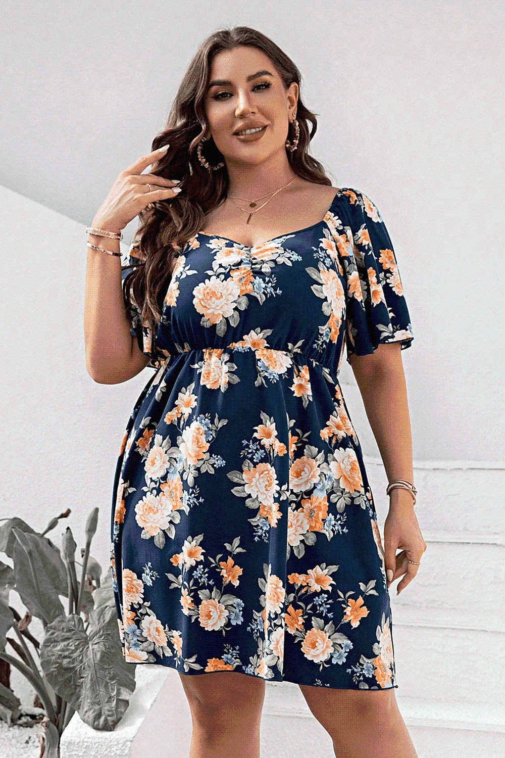 Plus Size Floral Print V-Neck Flutter Sleeve Mini Dress sold by The Barefoot Brunette Boutique product image thumbnail 3