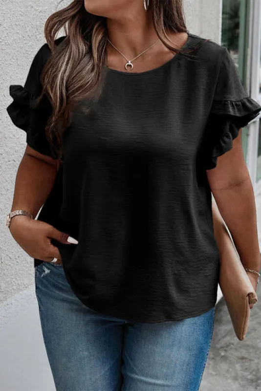 Plus Size Ruffled Round Neck Short Sleeve Blouse sold by The Barefoot Brunette Boutique