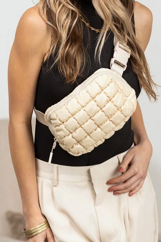 Evyn Quilted Puffer Sling Belt Bum Bag sold by The Barefoot Brunette Boutique
