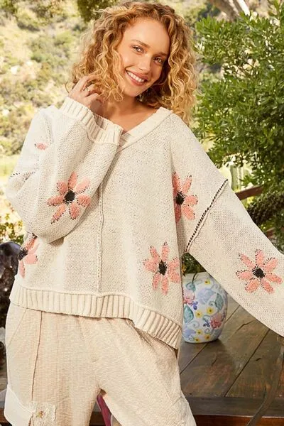POL V-Neck Floral Pattern Chenille Sweater sold by The Barefoot Brunette Boutique